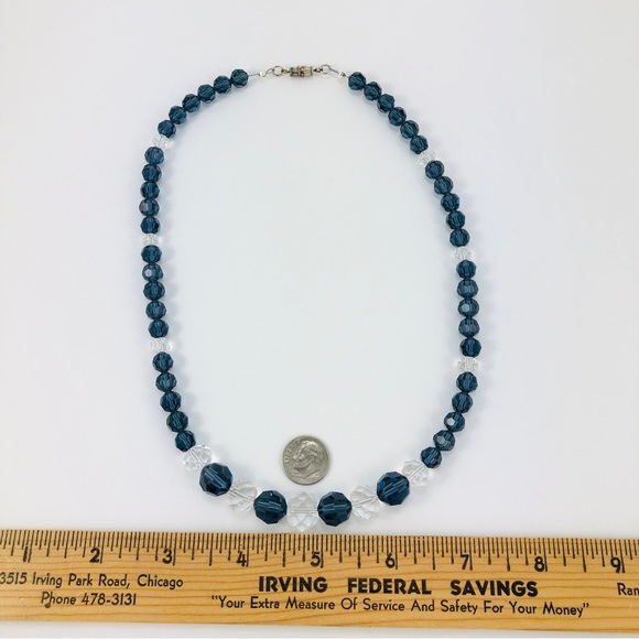 Vintage Blue & Clear Crystal Necklace, Graduated Faceted Glass Beads, 19 1/2" L - Picture 4 of 6